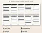 Ten professional photography forms displayed as small images, each with a title and page number, and a list of their functions.