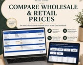 A laptop screen shows a wholesale and retail price comparison workbook with control room metrics.