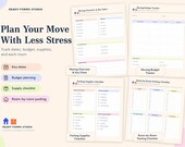 Feature breakdown image displaying planner pages for key dates, budget tracking, supply checklists, and room-by-room packing.
