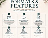 A feature list graphic highlighting four complete tools, instant digital download, blank sample files, editable formats, and printable forms.