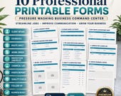 A digital spreadsheet titled "10 Professional Printable Forms" displays various forms for a pressure washing business, including client intake, estimates, route sheets, and quality checks.