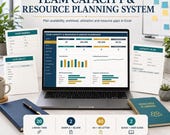 A laptop displaying a "Team Capacity & Resource Planning Dashboard" spreadsheet, surrounded by printed forms for "Team Member," "Availability," "Capacity Plan," and "Resource Planning," with a blue notebook and a pen.
