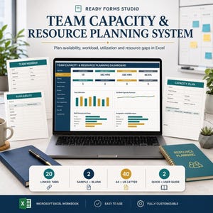Resource Planner & Capacity Planner Spreadsheet: Team Management, Workload Forecast, Utilization Excel