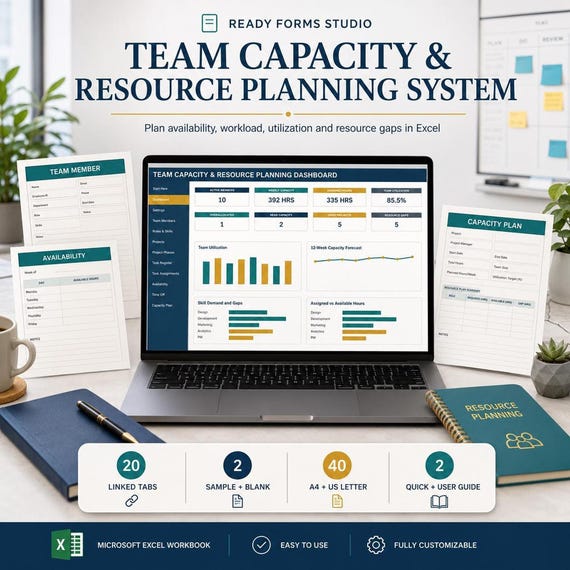 Resource Planner & Capacity Planner Spreadsheet: Team Management, Workload Forecast, Utilization Excel