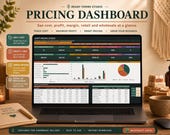 A laptop displays a "Pricing Dashboard" spreadsheet with graphs and tables for unit cost, profit, and retail vs. wholesale pricing.