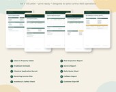 Ten white printable forms, including a client intake form, pest inspection report, and chemical application record, arranged on a light green background.