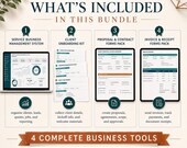 A list graphic detailing the four bundle inclusions for service businesses: management system, onboarding kit, proposal pack, and invoice pack.