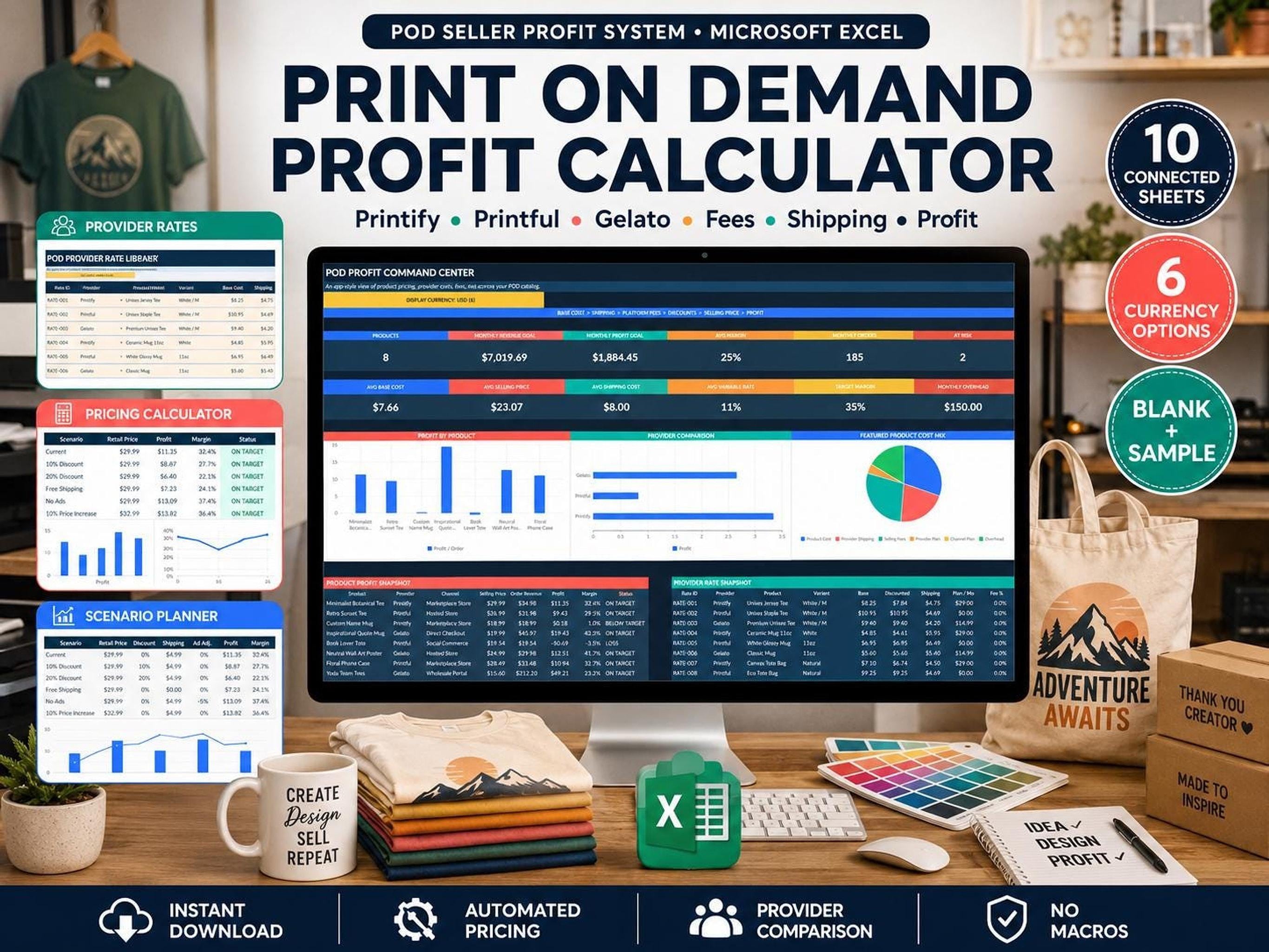 A desktop setup with a monitor displaying a spreadsheet, surrounded by folded t-shirts, a tote bag, a mug, and a color palette.