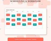 A screen displays a "Weekly Workflow" schedule with colored blocks labeled "New," "Active," and "Done" for each day of the week.