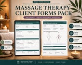 A tablet displays a massage therapy client intake form for preferences, initial assessment, and body map, with a rolled towel and plants in the background.