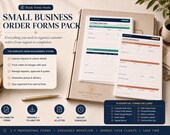 A stack of white business forms, including "Customer Order Form" and "Custom Order Request," is shown on a light wood surface with a pen and a coffee cup.