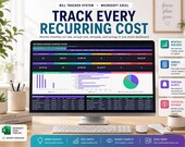A desktop computer displays an Excel spreadsheet titled "Track Every Recurring Cost," showing a command center with various financial metrics and charts.