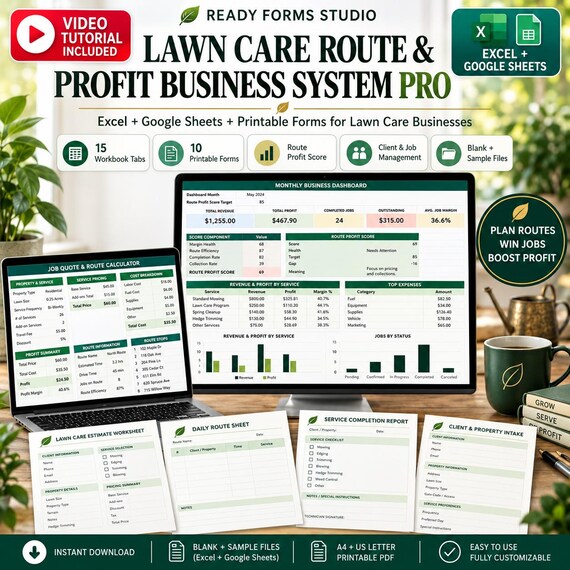 Lawn Care Business Spreadsheet | Client Tracker, Route Planner, Profit Calculator for Landscaping & Mowing Companies