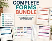 A promotional flat lay showing a complete forms bundle with laptop, binder, and printed sheets for handmade business management.