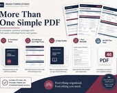 A collage of six white forms, including a Job Application Form and an Interview Scorecard, surrounded by text describing the product's contents and benefits.