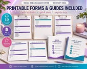 Various printed forms and guides, including a client discovery form, content calendar, approval sheet, quick start guide, and step-by-step guide, are laid out on a desk.