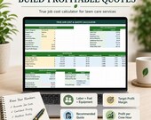 A laptop displays a job cost calculator for lawn care services, showing cost breakdowns and profit margins, with a plant and a coffee mug.
