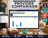 A desktop with a monitor displaying a provider comparison spreadsheet with charts, surrounded by t-shirts, a tote bag, and a mug.