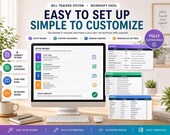 A desktop computer displays an Excel spreadsheet titled "Easy to Set Up Simple to Customize," showing setup wizard steps and customization options, with smaller images of other setup screens.