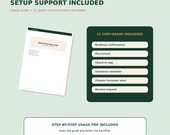 A white booklet titled "Step-by-Step Usage Guide" is next to a list of 12 copy-ready messages for booking confirmation, check-in, and other guest communications.