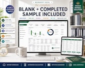 A desktop monitor and tablet show a blank and completed Excel payroll dashboard with employee, time log, and pay details, with a coffee cup and plant nearby.