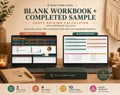 Two laptops display "Blank Workbook" and "Completed Sample" spreadsheets for a craft pricing calculator, with a product box between them.