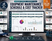 A computer monitor shows an Excel dashboard for equipment maintenance, with a hard hat and wrench in the foreground.
