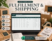 A laptop shows a "Fulfillment & Shipping" spreadsheet with tracking information, with a clipboard, pen, and boxes on the desk.