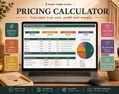 A laptop shows a "Pricing Calculator" spreadsheet with sections for materials, labor, overhead, packaging, selling fees, and profit margin.