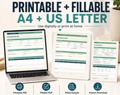 A laptop and printed customer record forms showcase printable and fillable A4 and US letter options.