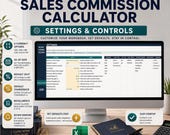 A desktop computer displays a sales commission calculator with "Settings & Controls" options, next to a tablet, a phone, and a mug.