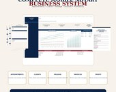 A laptop screen shows various spreadsheet tabs for appointments, clients, mileage, invoices, and profit, with a graph and data tables visible.