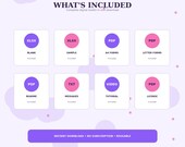 A grid of eight icons on a purple background lists included items: XLSX, PDF, A4 Forms, Letter Forms, README, TXT, Video, and License.