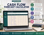 A laptop screen shows an "Income & Expenses" tab of a cash flow calculator, displaying a detailed table for income and expense entries, with feature descriptions on the right.