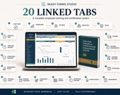 A laptop displays an Excel dashboard, surrounded by a circular flow chart of 20 linked tabs including "Dashboard," "Employees," and "Training Calendar."
