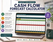 A laptop screen shows the "Monthly Cash Forecast" tab of a cash flow calculator, displaying a table with monthly income, expenses, and cash flow, with feature descriptions on the left.