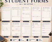 Ten printable student forms are laid out on a dark surface, including weekly study planner, assignment checklist, exam prep plan, and grade worksheet.