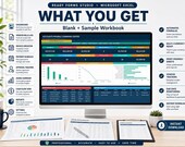 A desktop computer displays an Excel spreadsheet with a dashboard overview of accounts payable, surrounded by text describing features like "Blank + Sample Workbook" and "Smart automated formulas."
