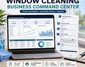 A laptop displays a "ClearView Dashboard" with revenue and profit charts, surrounded by icons and text describing features like CRM, quotes, invoices, and printable forms.