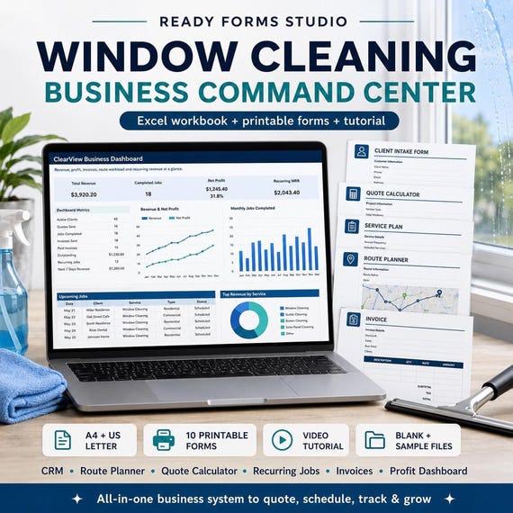 Window Cleaning Business Spreadsheet | Dashboard, Quotes, Invoices, Client CRM, Profit Tracking, Printable Forms,Excel Toolkit