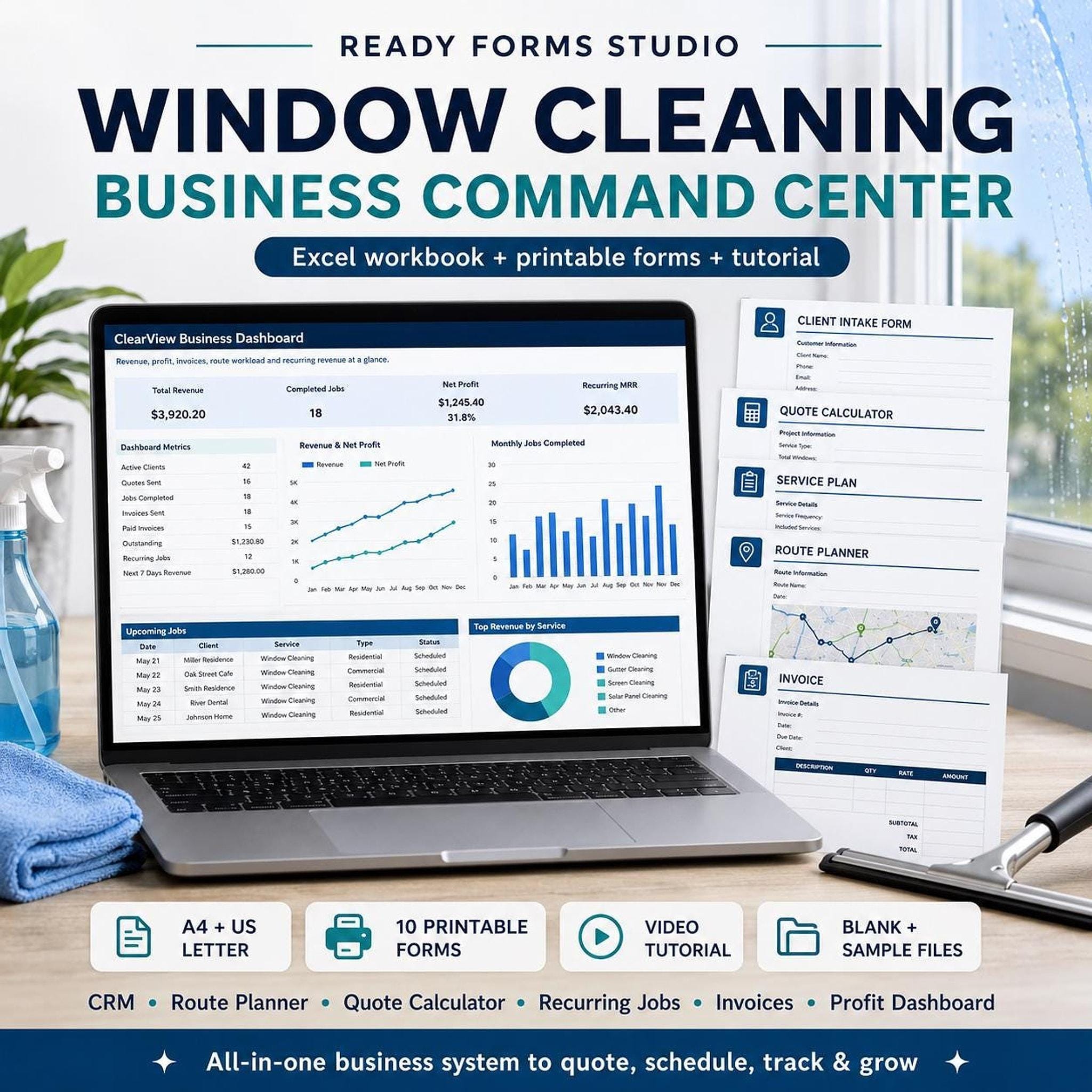 A laptop displays a "ClearView Dashboard" with revenue and profit charts, surrounded by icons and text describing features like CRM, quotes, invoices, and printable forms.