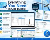 A laptop displays a "ClearView Dashboard" with financial data, surrounded by icons and text describing features like CRM, quotes, invoices, and printable forms.