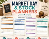 Four market day and stock planner forms arranged with icons for stock control, sales tracking, and booth ready planning.