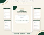 A white welcome book template with green accents is displayed open, showing sections for WiFi, house rules, and local guides, with text "24 Editable Pages" above.