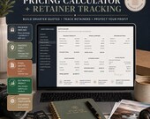 A laptop open to a pricing calculator and retainer tracking spreadsheet, with a camera lens and a pen-topped notebook nearby.