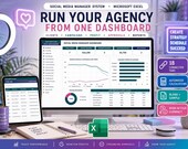 A desktop monitor displays an Excel social media manager dashboard with charts and data, next to a tablet showing a client CRM, surrounded by office supplies on a desk.