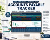 A desktop computer displays an Excel spreadsheet titled "Accounts Payable Tracker," showing various financial data, charts, and reports, with a notebook, pen, and coffee cup on the desk.