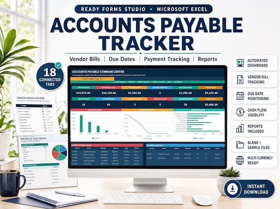 Accounts Payable Tracker in Excel: Vendor Invoices, Bill Due Tracker, Payment Schedule and Vendor Payment Log