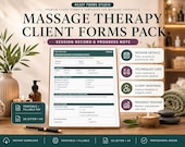 A tablet displays a session record and progress note form for massage therapy, with a plant, rolled towel, and amber bottles in the background.