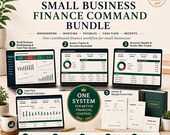 An advertisement for a small business finance bundle featuring laptops displaying excel dashboards, paperwork, and text detailing five tools.